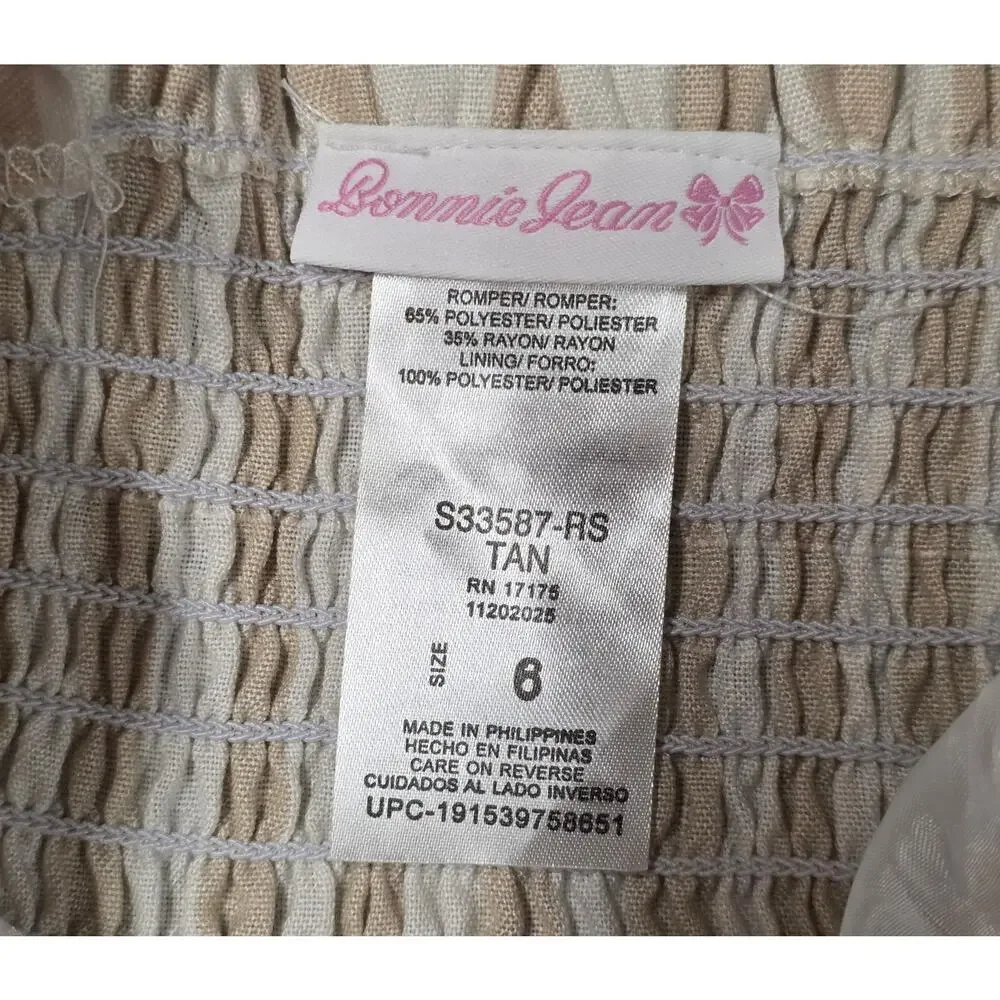 Bonnie Jean Girls Size 6 Romper Shorts Tan Smocked Ruffle Sleeve
